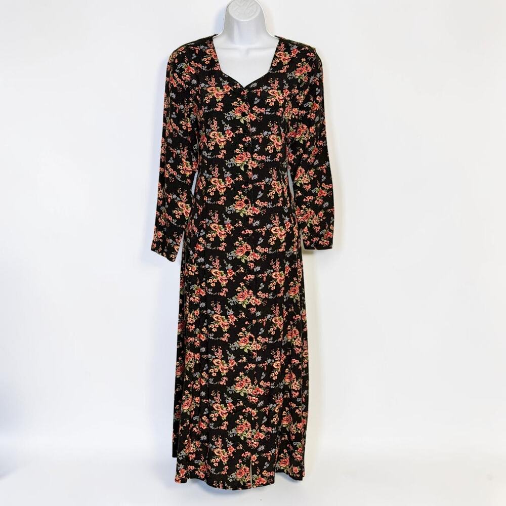 Vintage 90s Erika Floral Rayon Dress S Cottagecore Prairie Lace Up Back Romantic